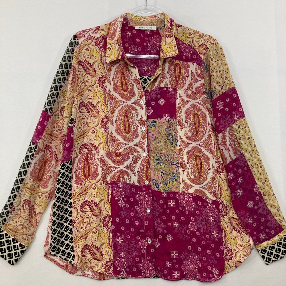 Rose & Olive Large Orange Pink Boho Paisley Soft Flowy‎ Button Down Elegant